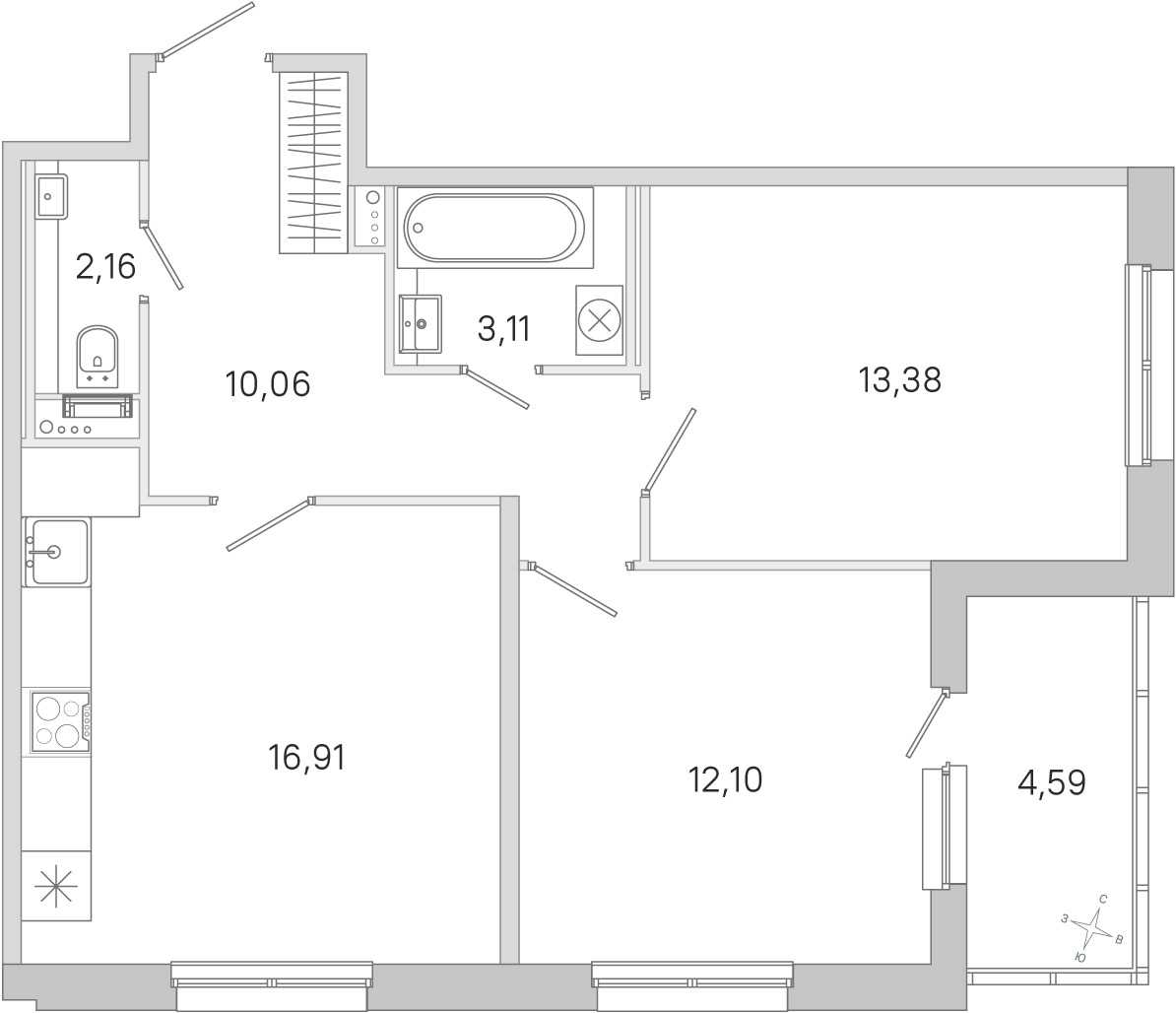 Планировка: 2-комнатная квартира, 57,7 м²
