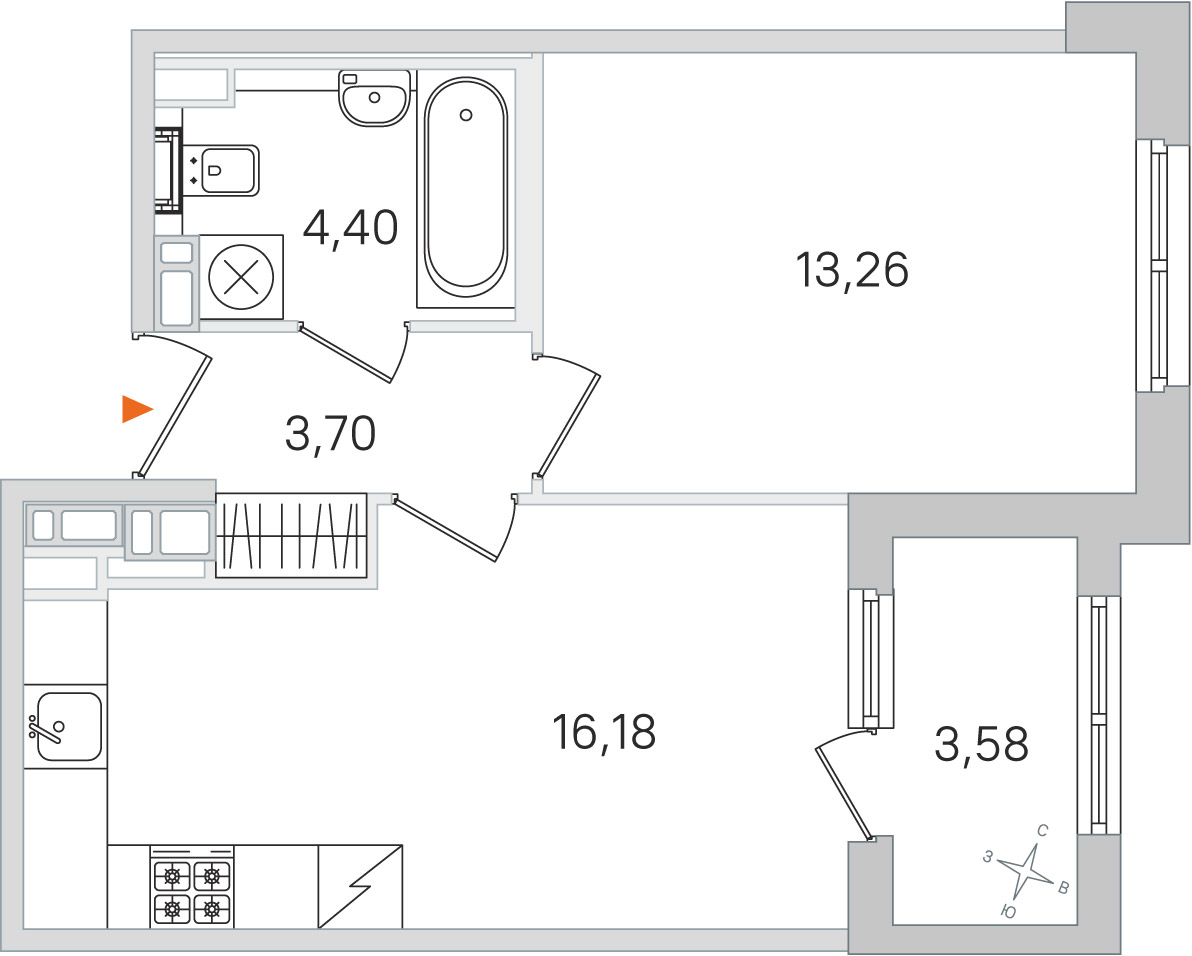 Планировка: 1-комнатная квартира, 37,5 м²