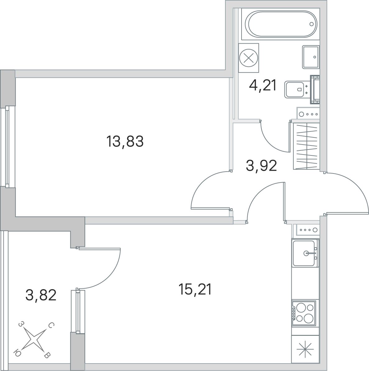 Планировка: 1-комнатная квартира, 37,2 м²