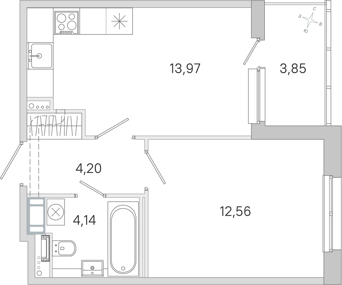 Планировка: 1-комнатная квартира, 34,9 м²