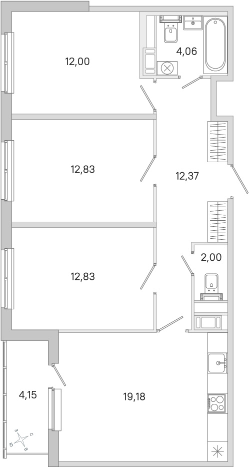 Планировка: 3-комнатная квартира, 75,3 м²