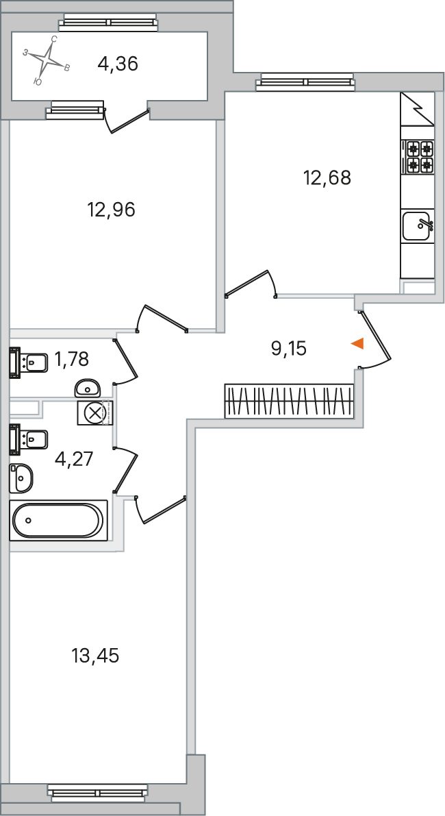Планировка: 2-комнатная квартира, 54,3 м²