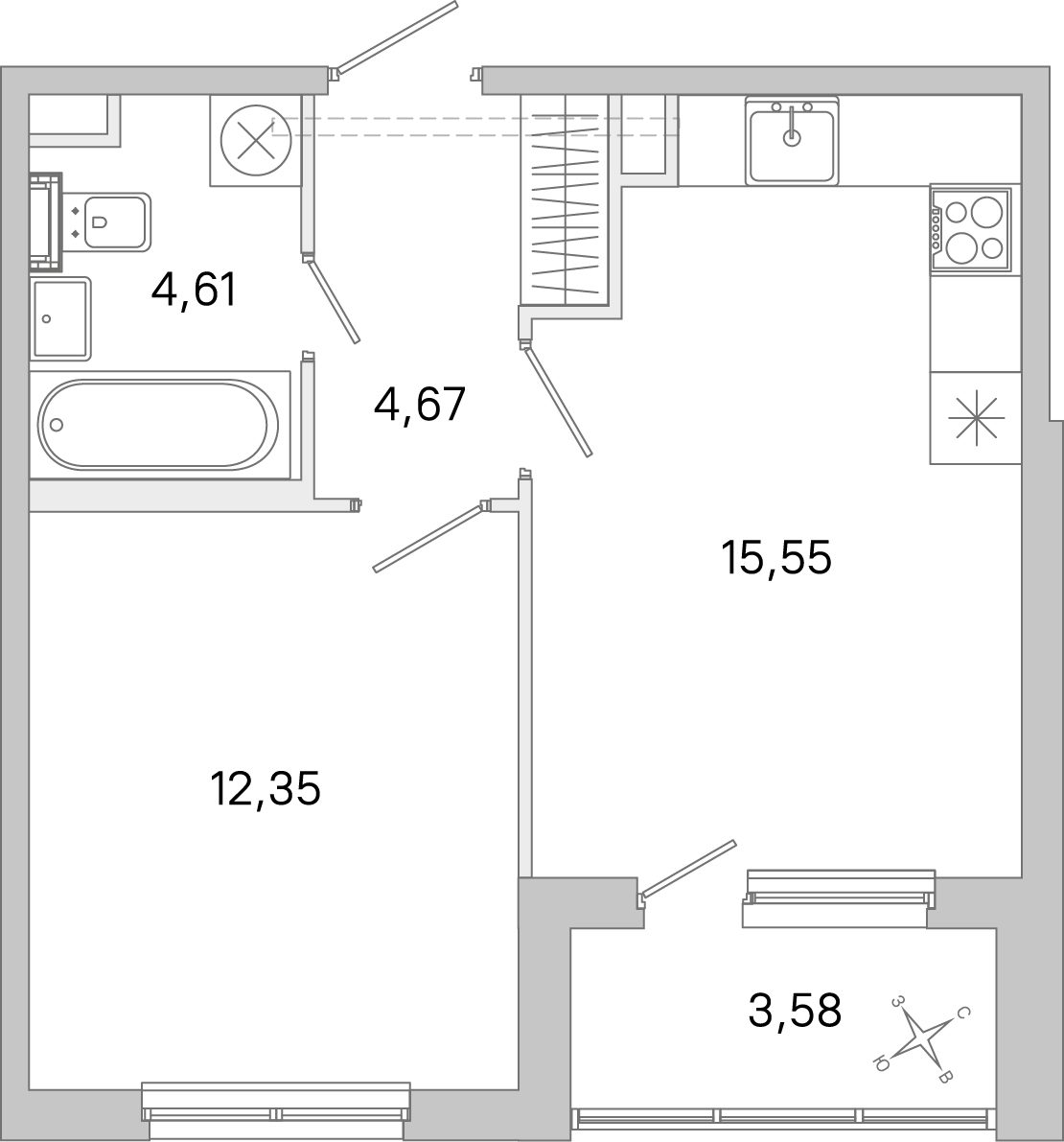Планировка: 1-комнатная квартира, 37,2 м²