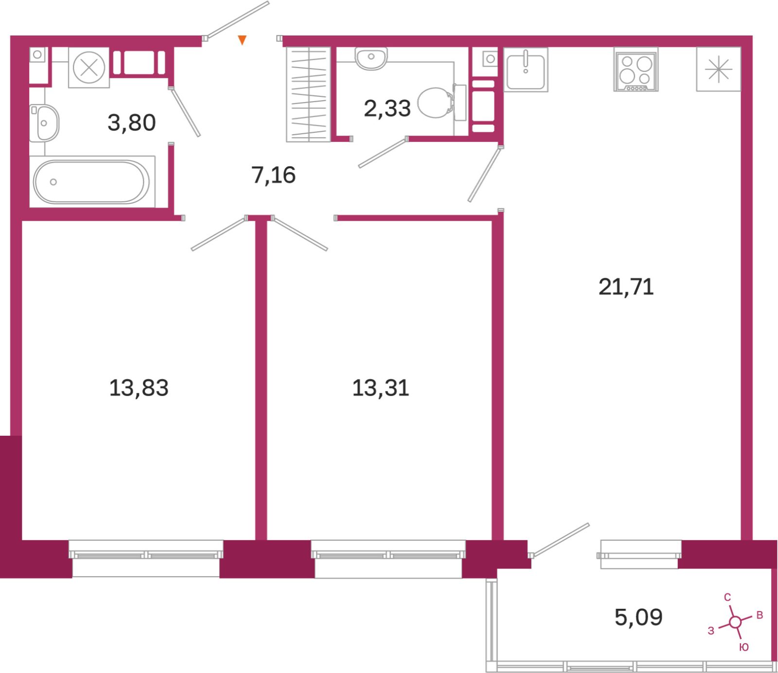Планировка: 2-комнатная квартира, 62,1 м²