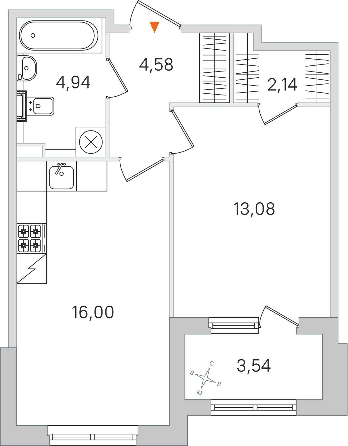 Планировка: 1-комнатная квартира, 40,7 м²