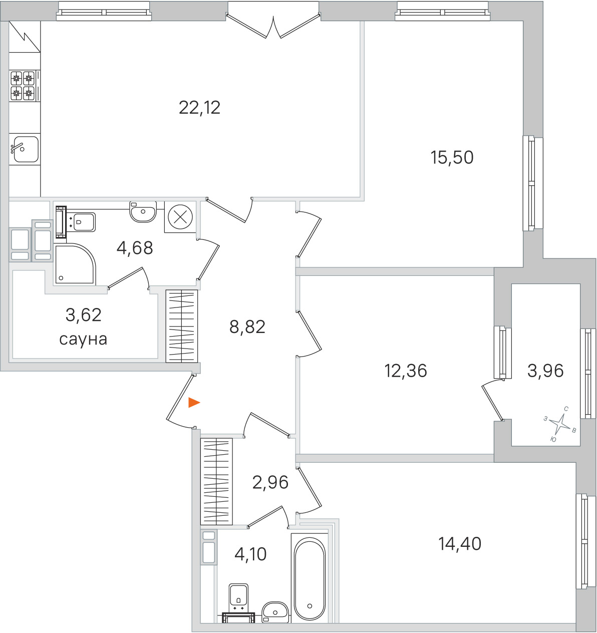 Планировка: 3-комнатная квартира, 88,6 м²