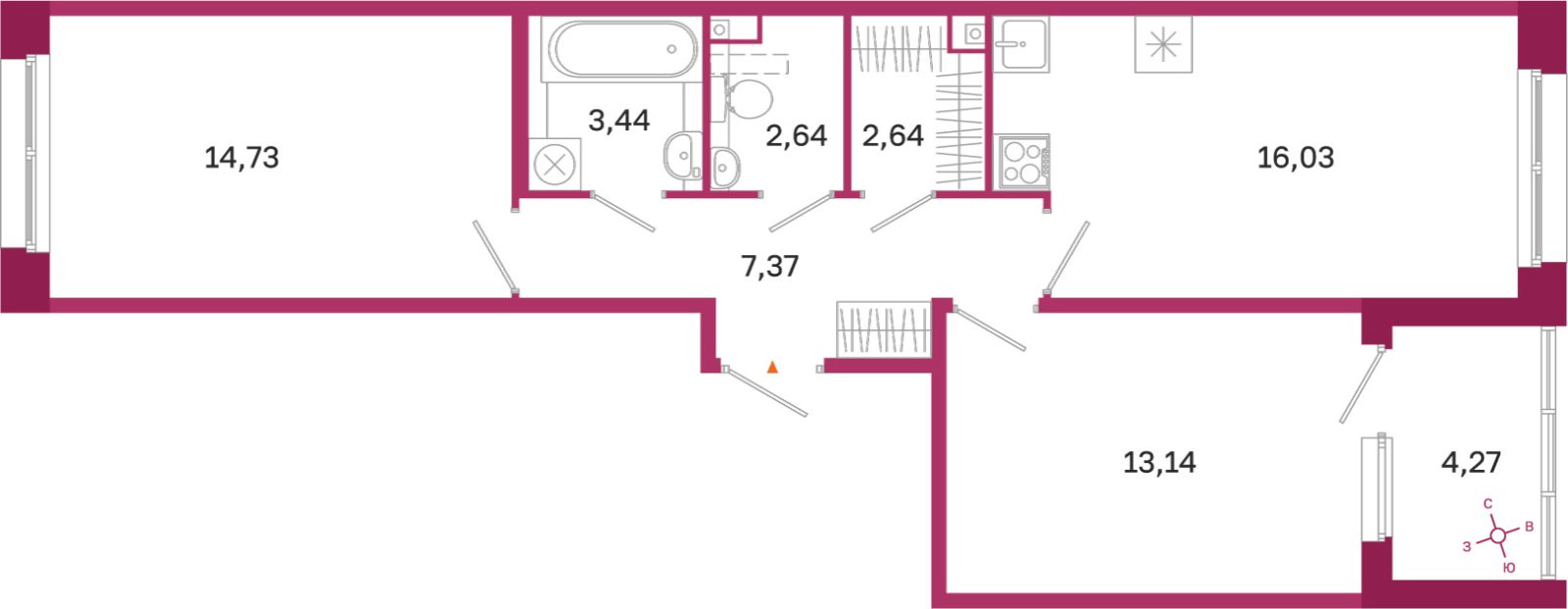 Планировка: 2-комнатная квартира, 60,0 м²