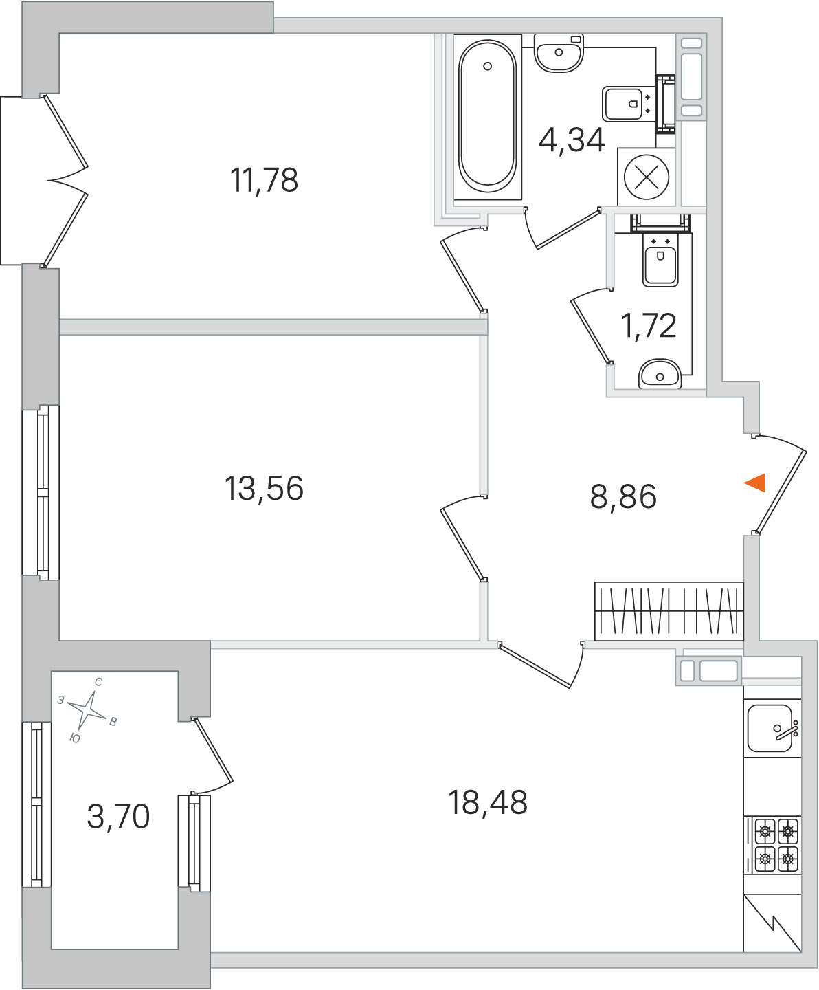 Планировка: 2-комнатная квартира, 58,7 м²