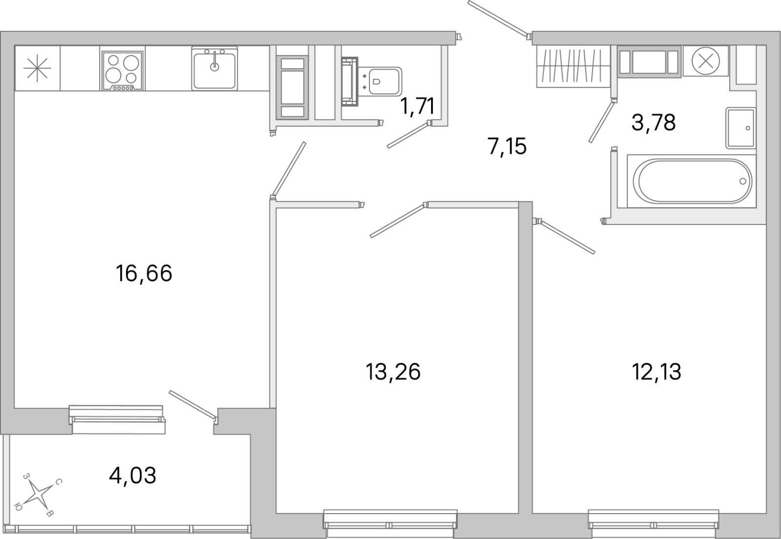 Планировка: 2-комнатная квартира, 54,7 м²