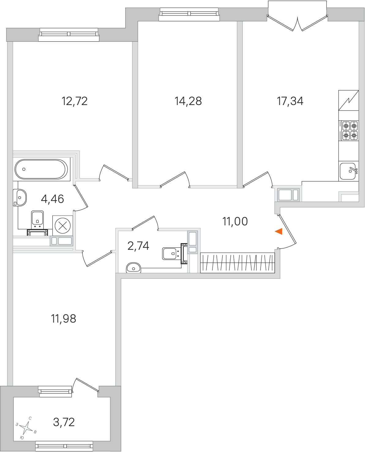 Планировка: 3-комнатная квартира, 74,5 м²