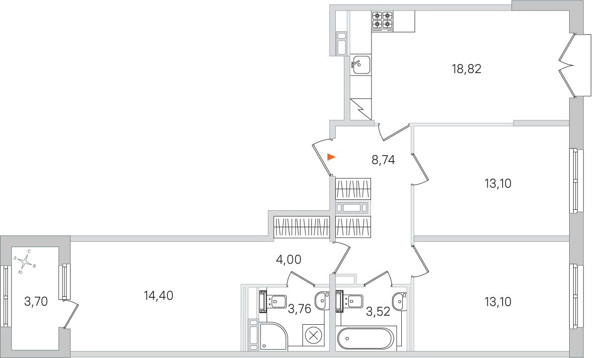 Планировка: 3-комнатная квартира, 79,4 м²