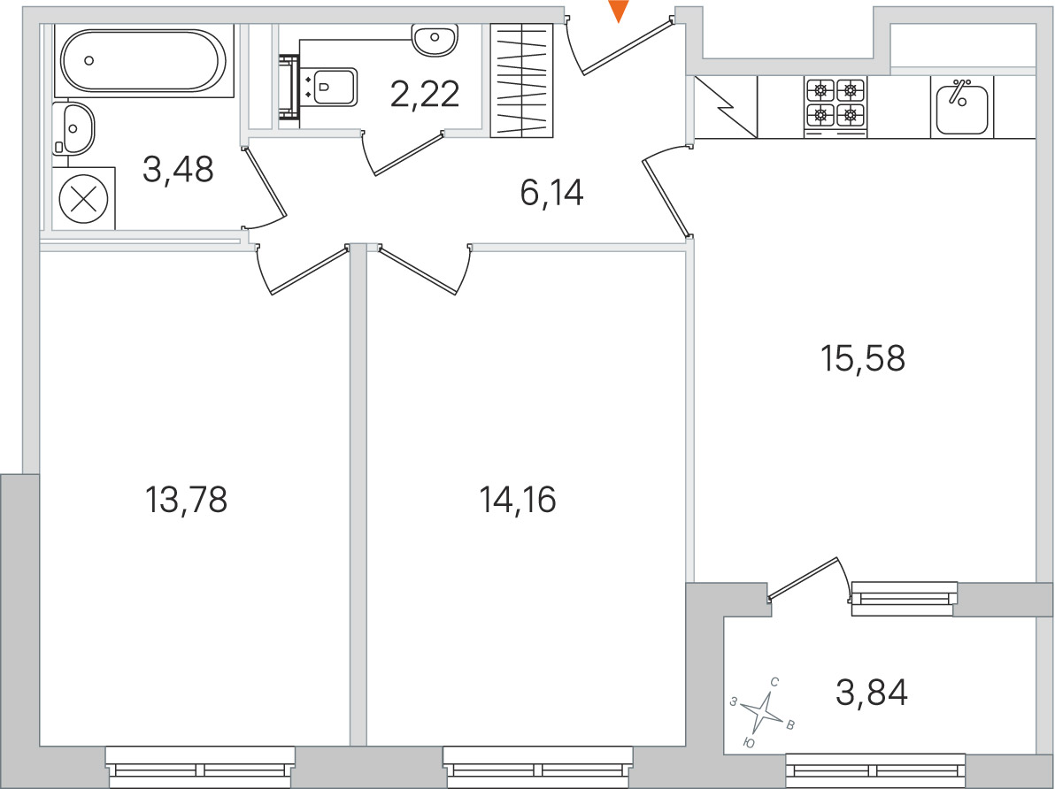 Планировка: 2-комнатная квартира, 55,4 м²