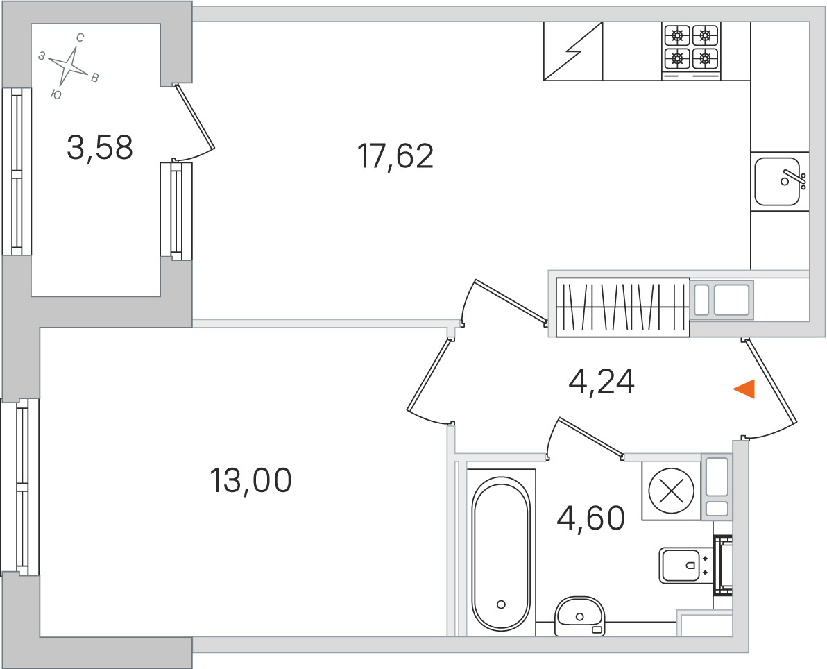 Планировка: 1-комнатная квартира, 39,5 м²