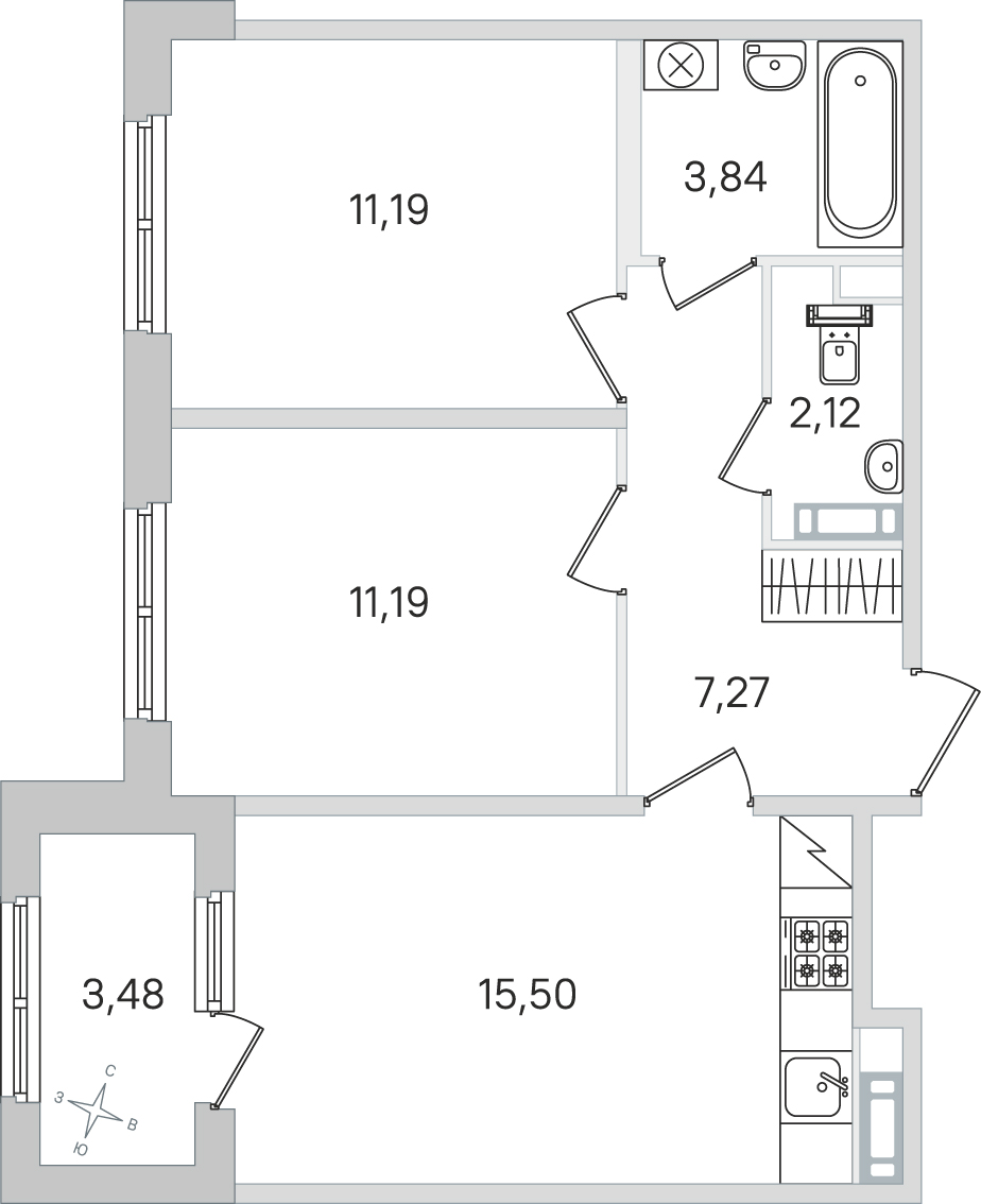 Планировка: 2-комнатная квартира, 51,1 м²