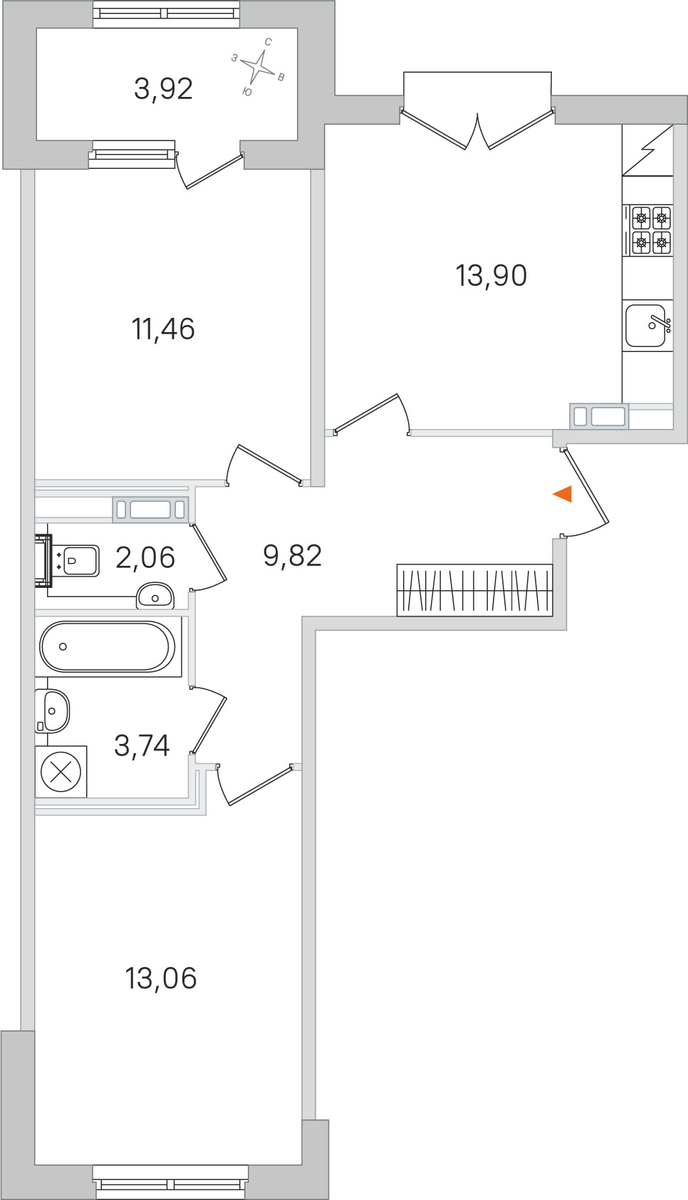 Планировка: 2-комнатная квартира, 54,0 м²