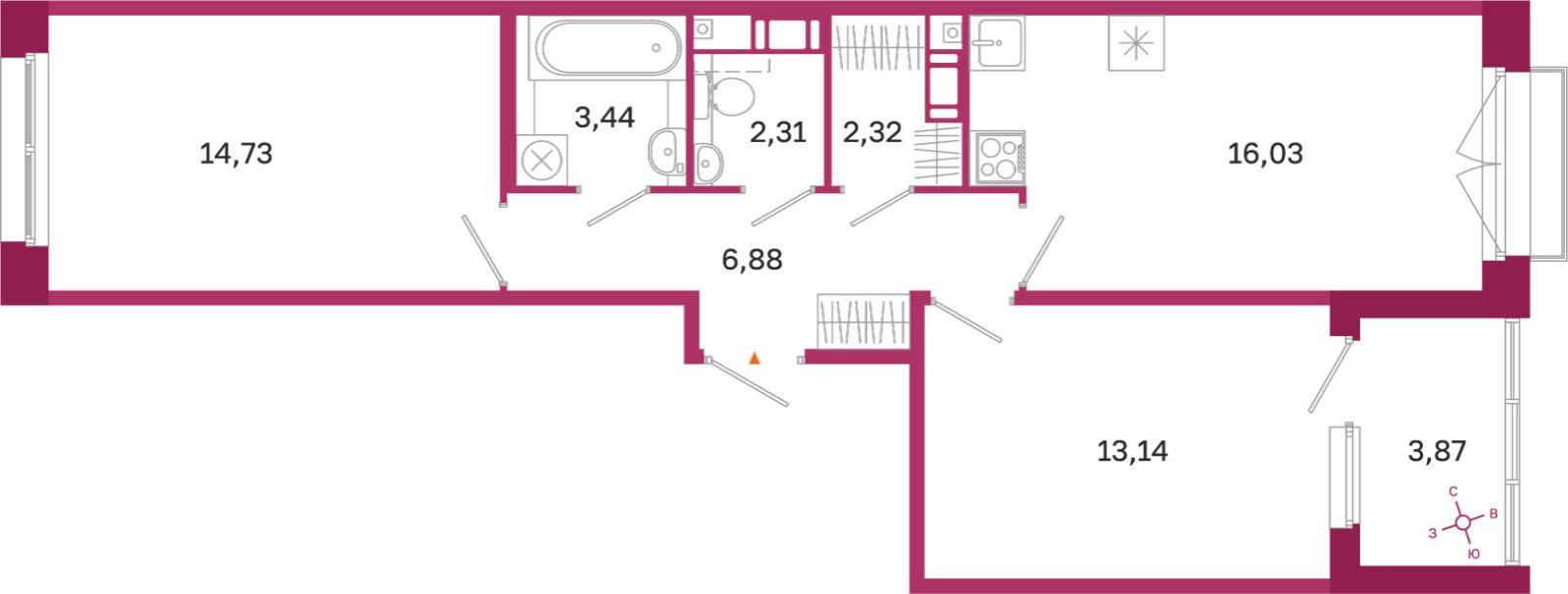 Планировка: 2-комнатная квартира, 58,9 м²