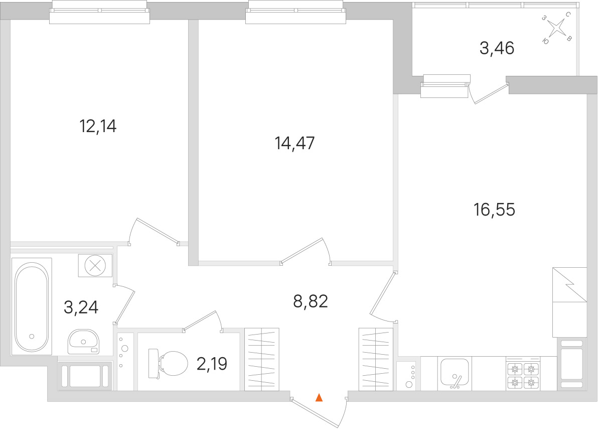 Планировка: 2-комнатная квартира, 57,4 м²