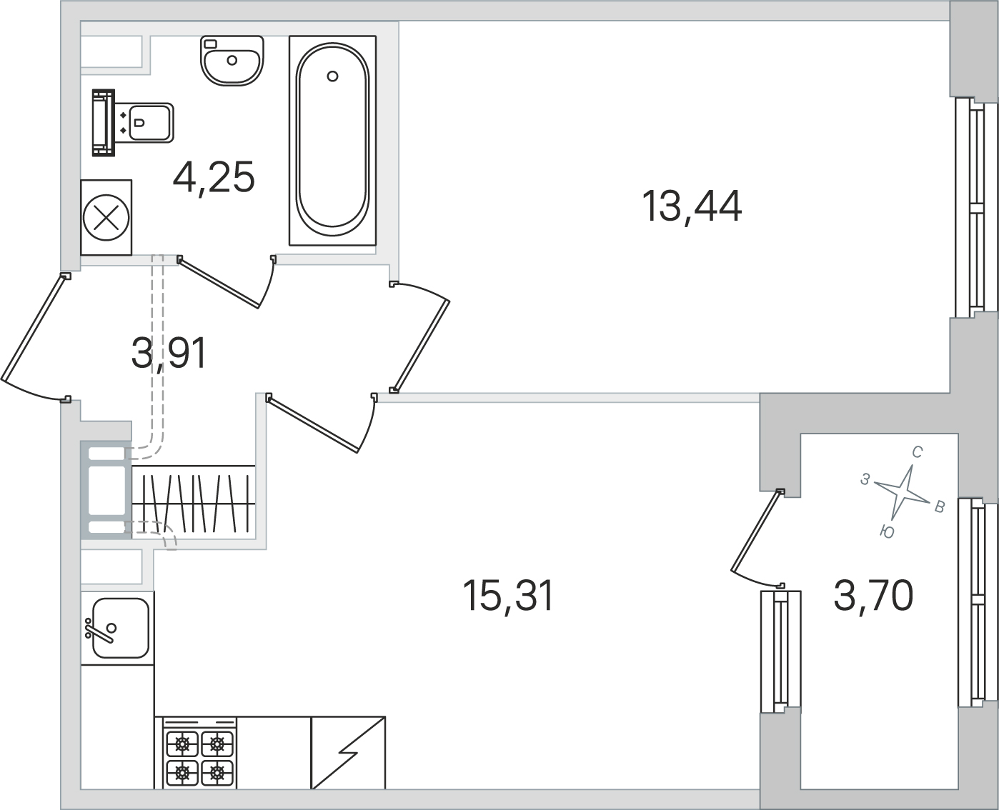 Планировка: 1-комнатная квартира, 36,9 м²