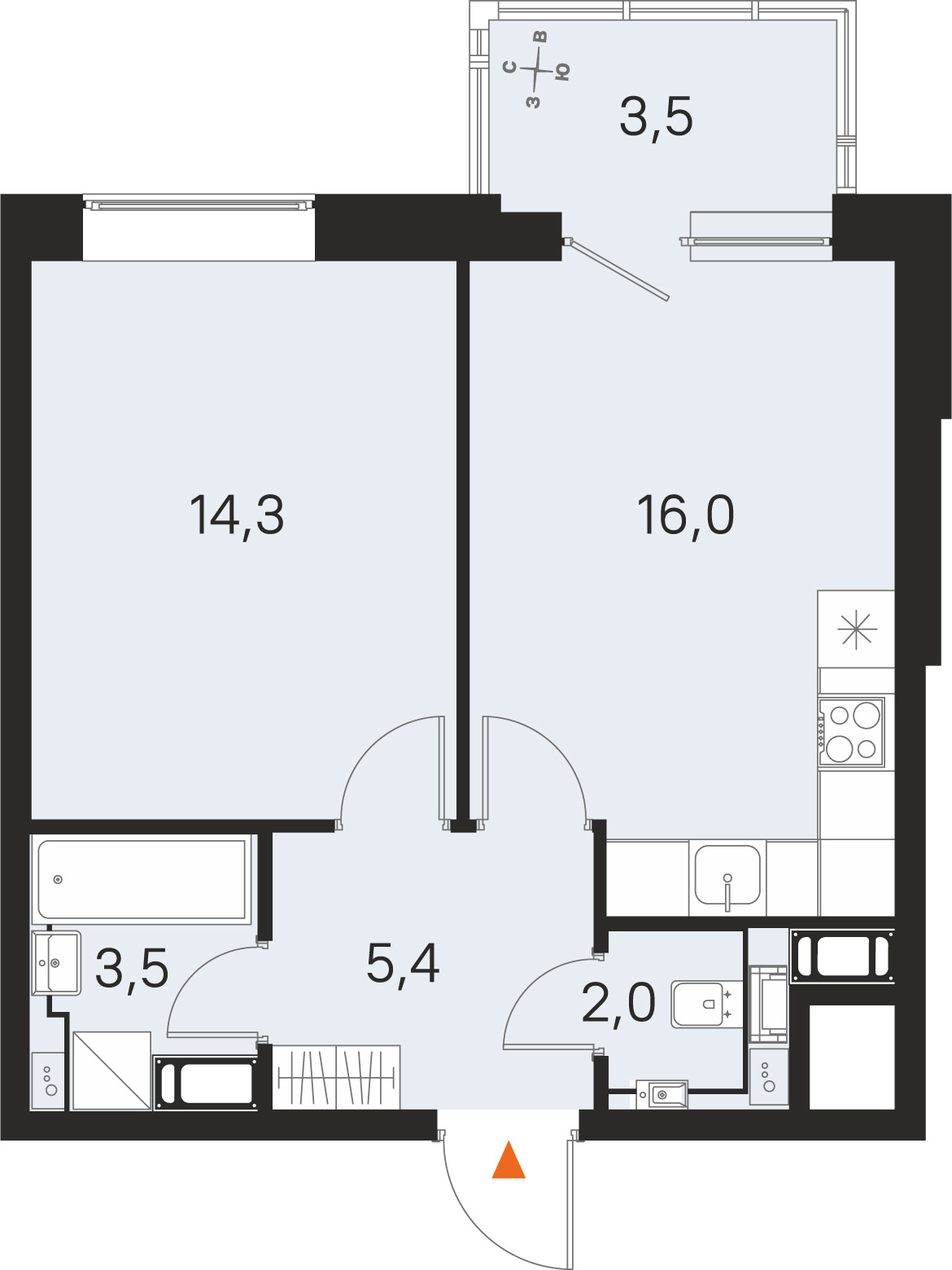 Планировка: 1-комнатная квартира, 41,2 м²