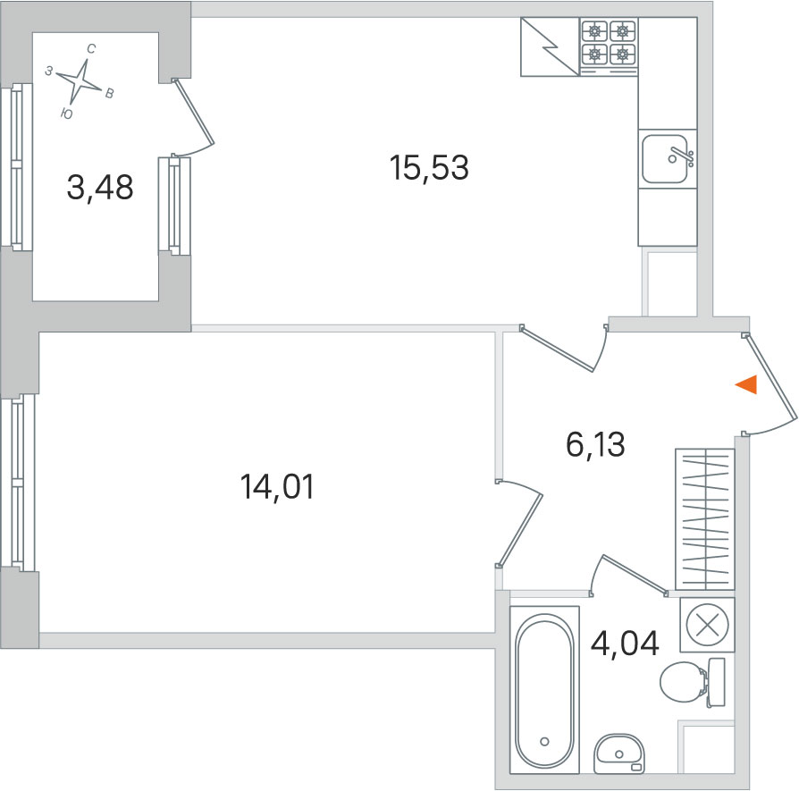 Планировка: 1-комнатная квартира, 39,7 м²