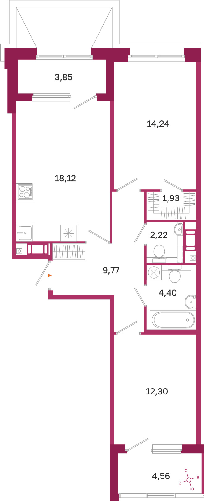 Планировка: 2-комнатная квартира, 63,0 м²