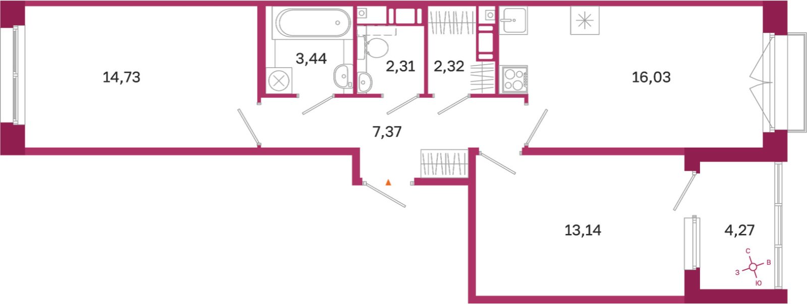 Планировка: 2-комнатная квартира, 59,3 м²