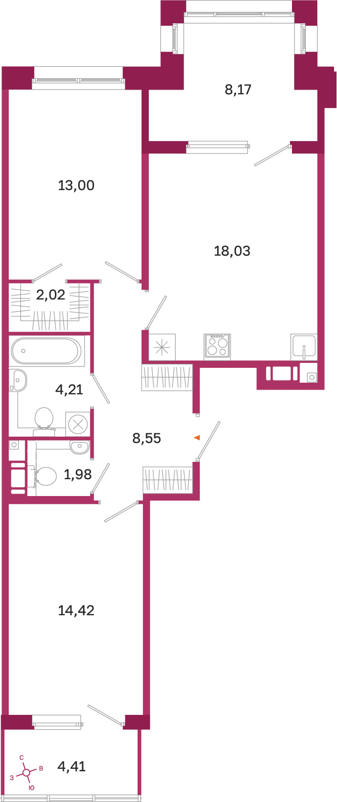 Планировка: 2-комнатная квартира, 62,2 м²