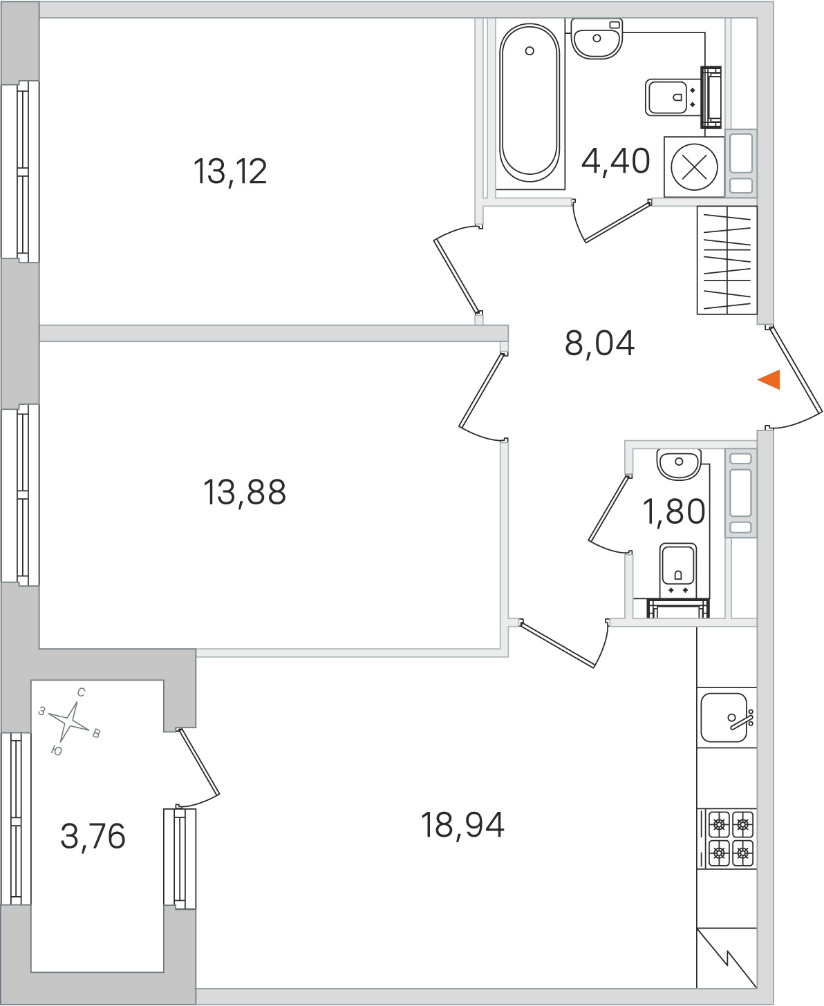 Планировка: 2-комнатная квартира, 60,2 м²