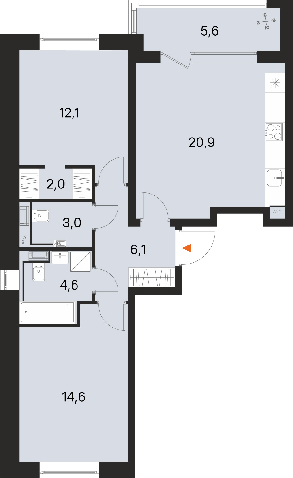 Планировка: 2-комнатная квартира, 63,3 м²