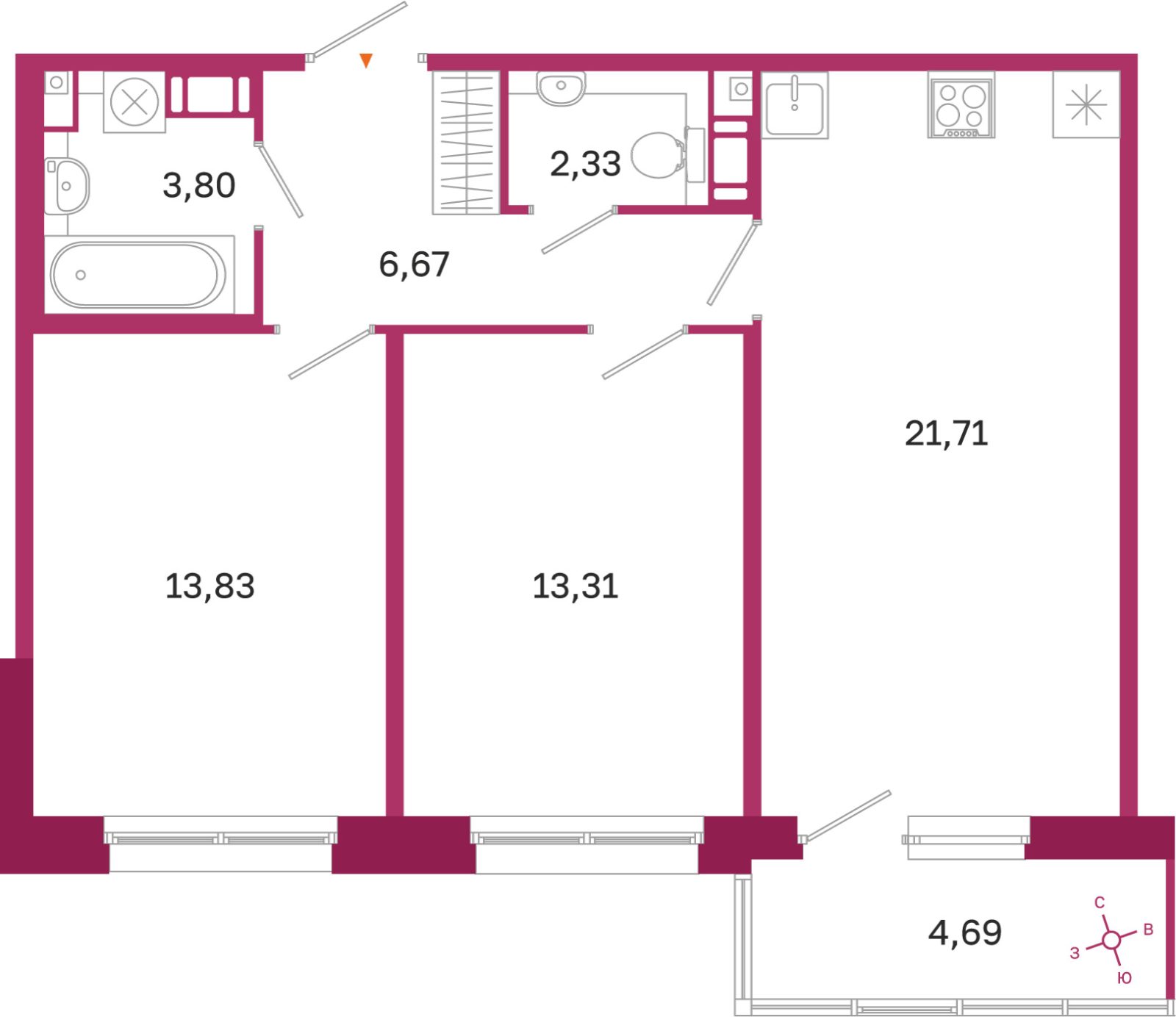 Планировка: 2-комнатная квартира, 61,7 м²