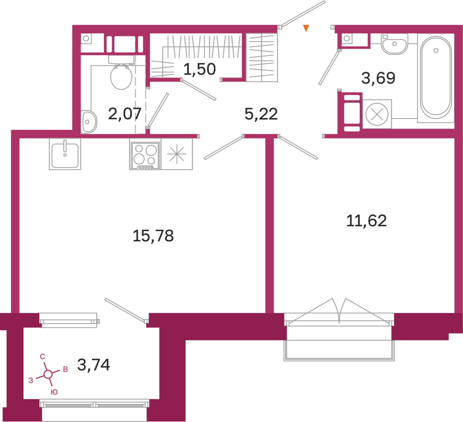 Планировка: 1-комнатная квартира, 39,9 м²