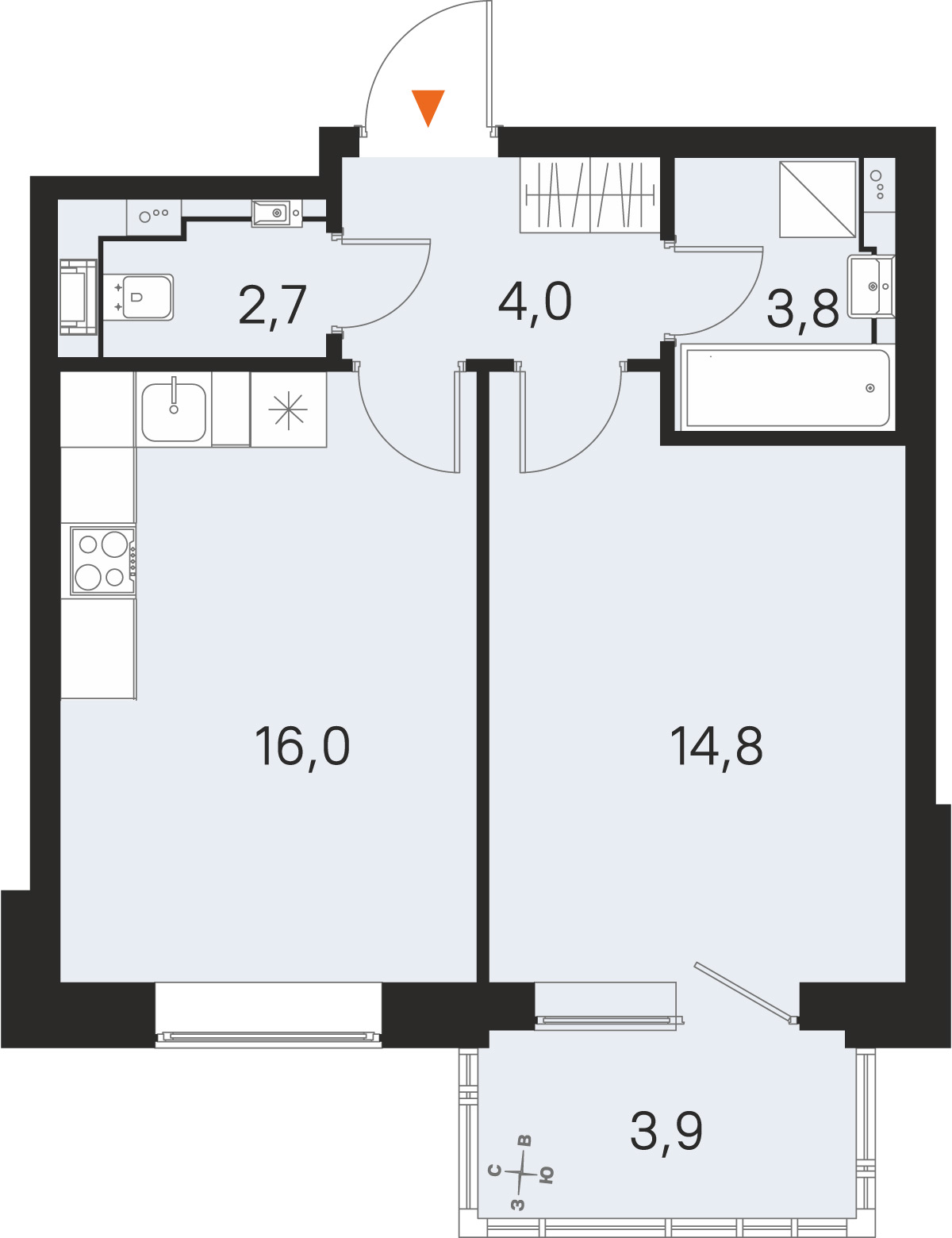 Планировка: 1-комнатная квартира, 41,3 м²