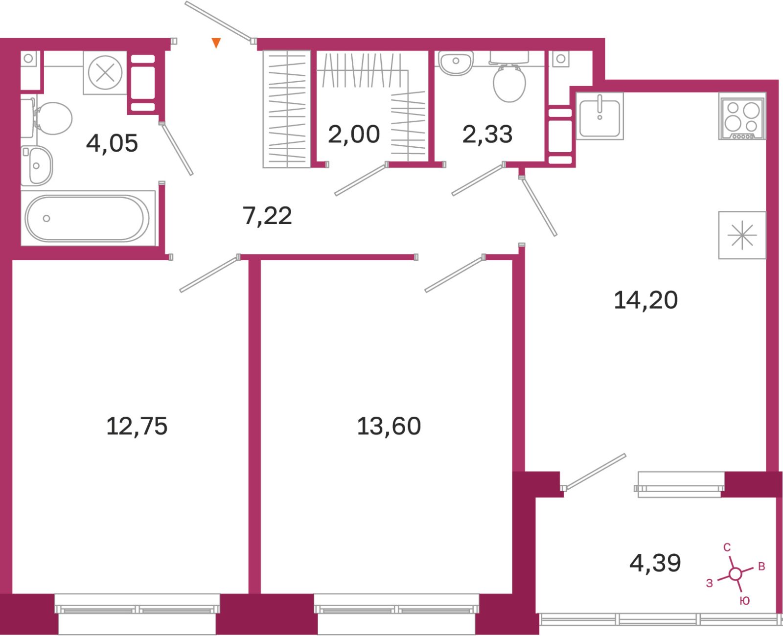 Планировка: 2-комнатная квартира, 56,2 м²
