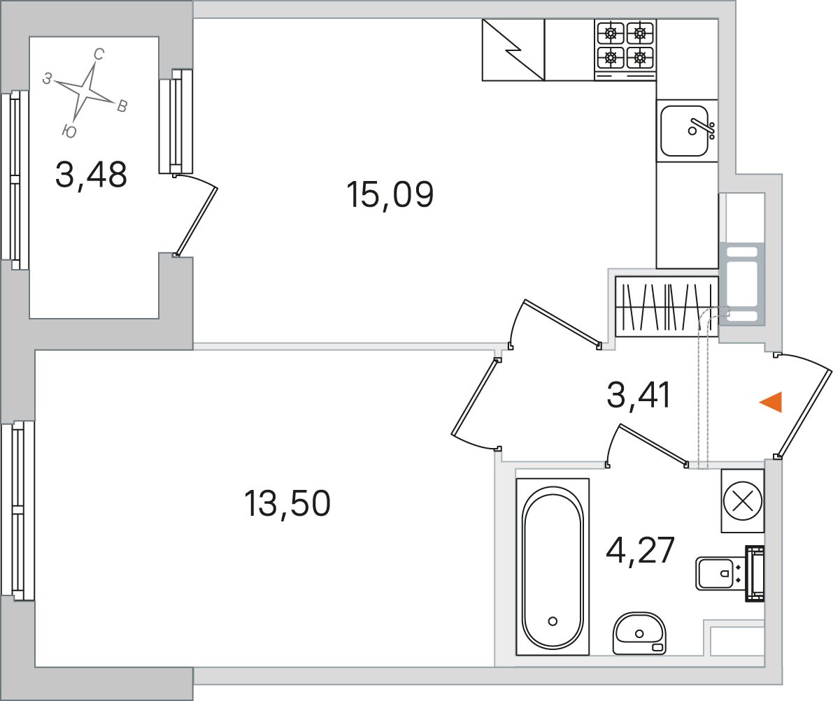 Планировка: 1-комнатная квартира, 36,3 м²