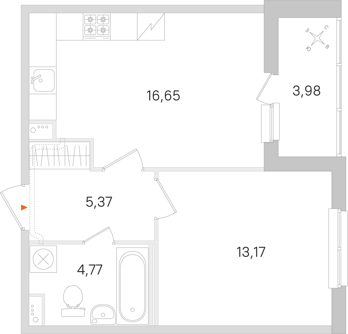 Планировка: 1-комнатная квартира, 40,0 м²