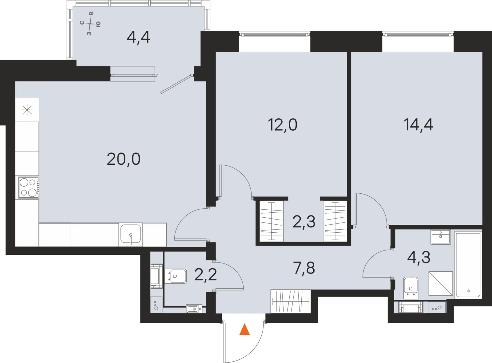 Планировка: 2-комнатная квартира, 63,0 м²