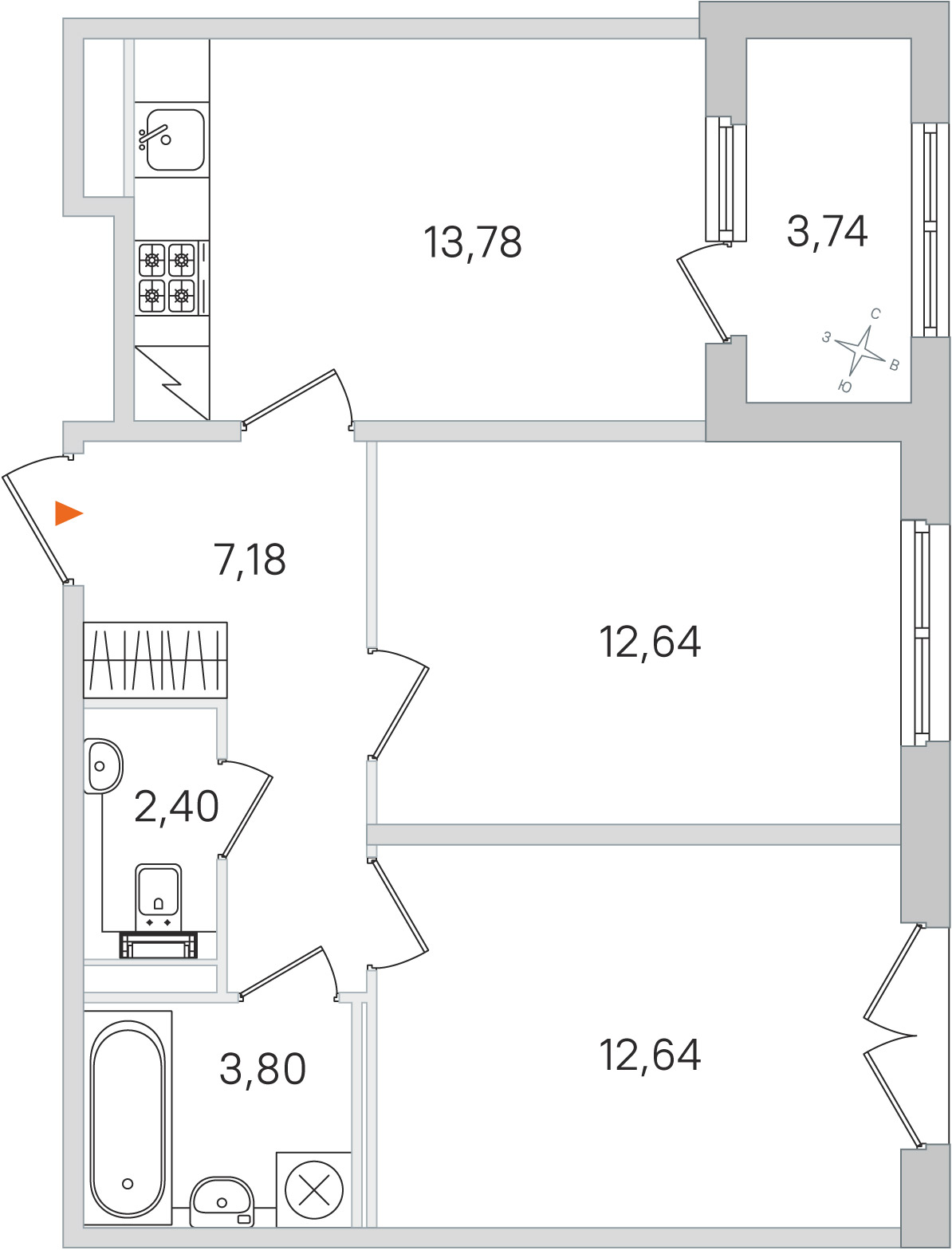 Планировка: 2-комнатная квартира, 52,4 м²