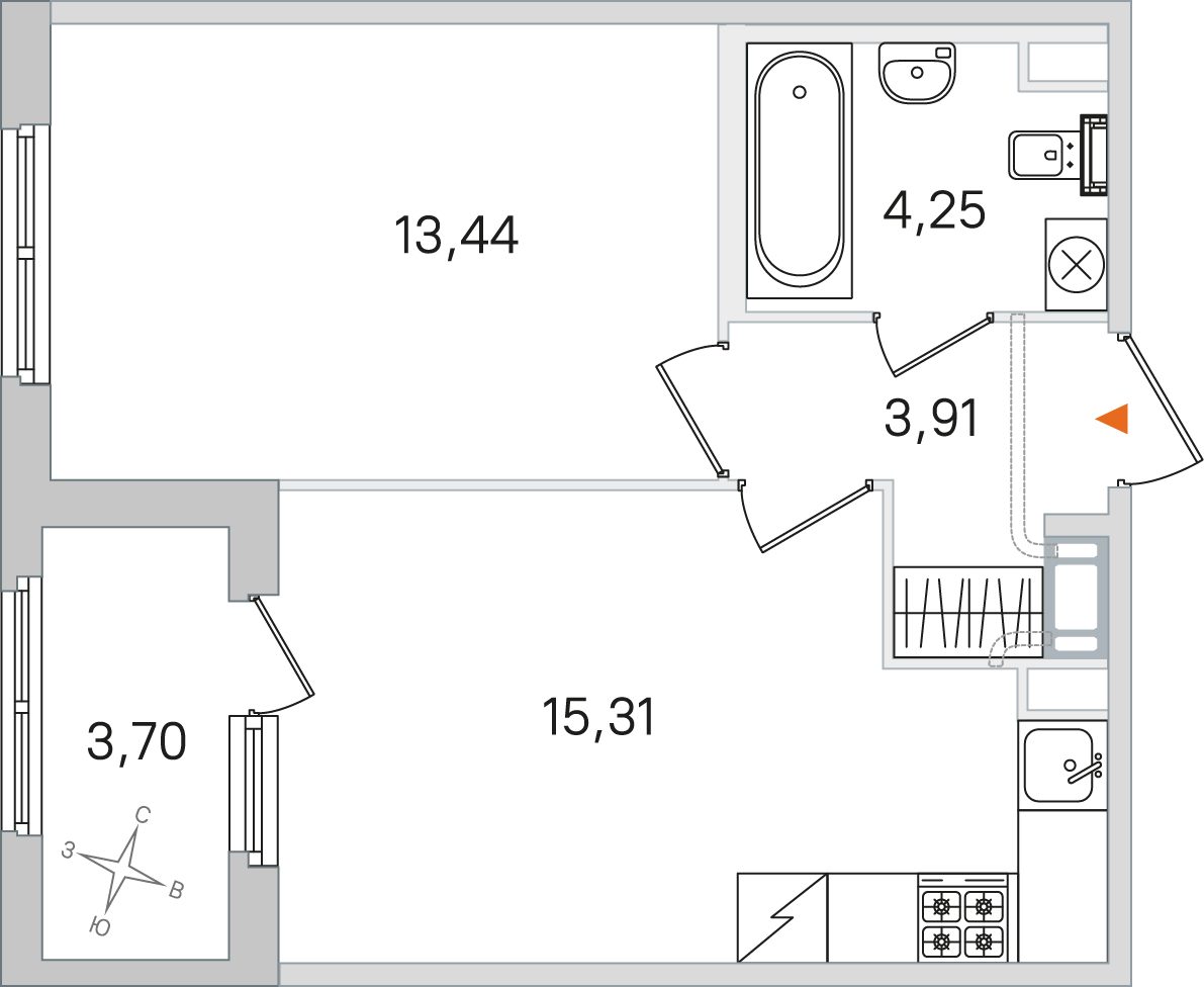 Планировка: 1-комнатная квартира, 36,9 м²