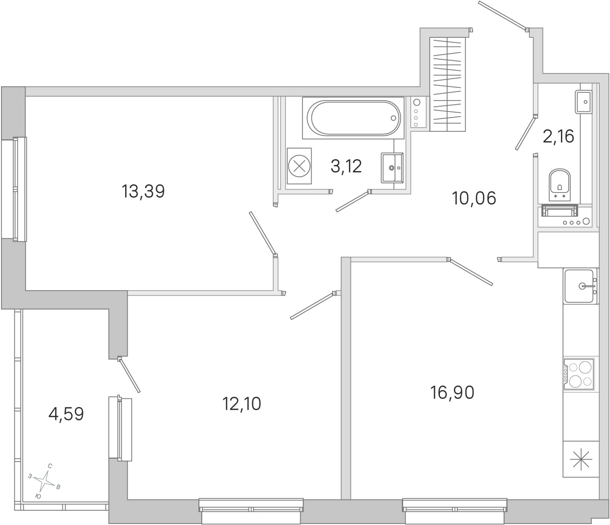 Планировка: 2-комнатная квартира, 57,7 м²