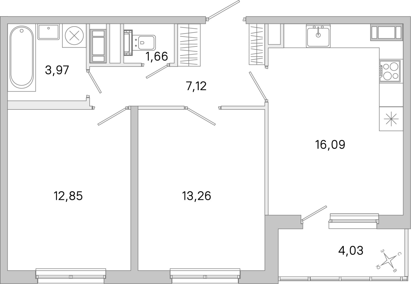 Планировка: 2-комнатная квартира, 55,0 м²