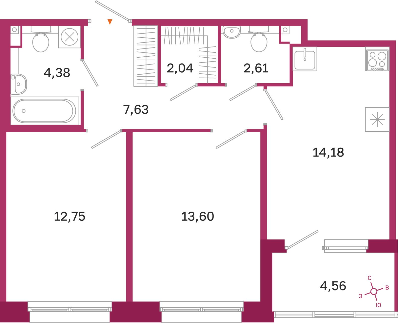 Планировка: 2-комнатная квартира, 57,2 м²