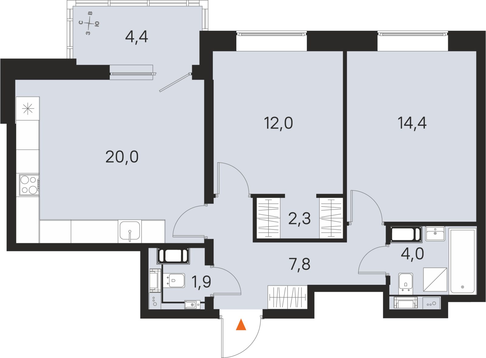 Планировка: 2-комнатная квартира, 62,4 м²