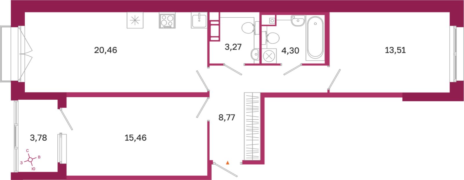Планировка: 2-комнатная квартира, 65,8 м²