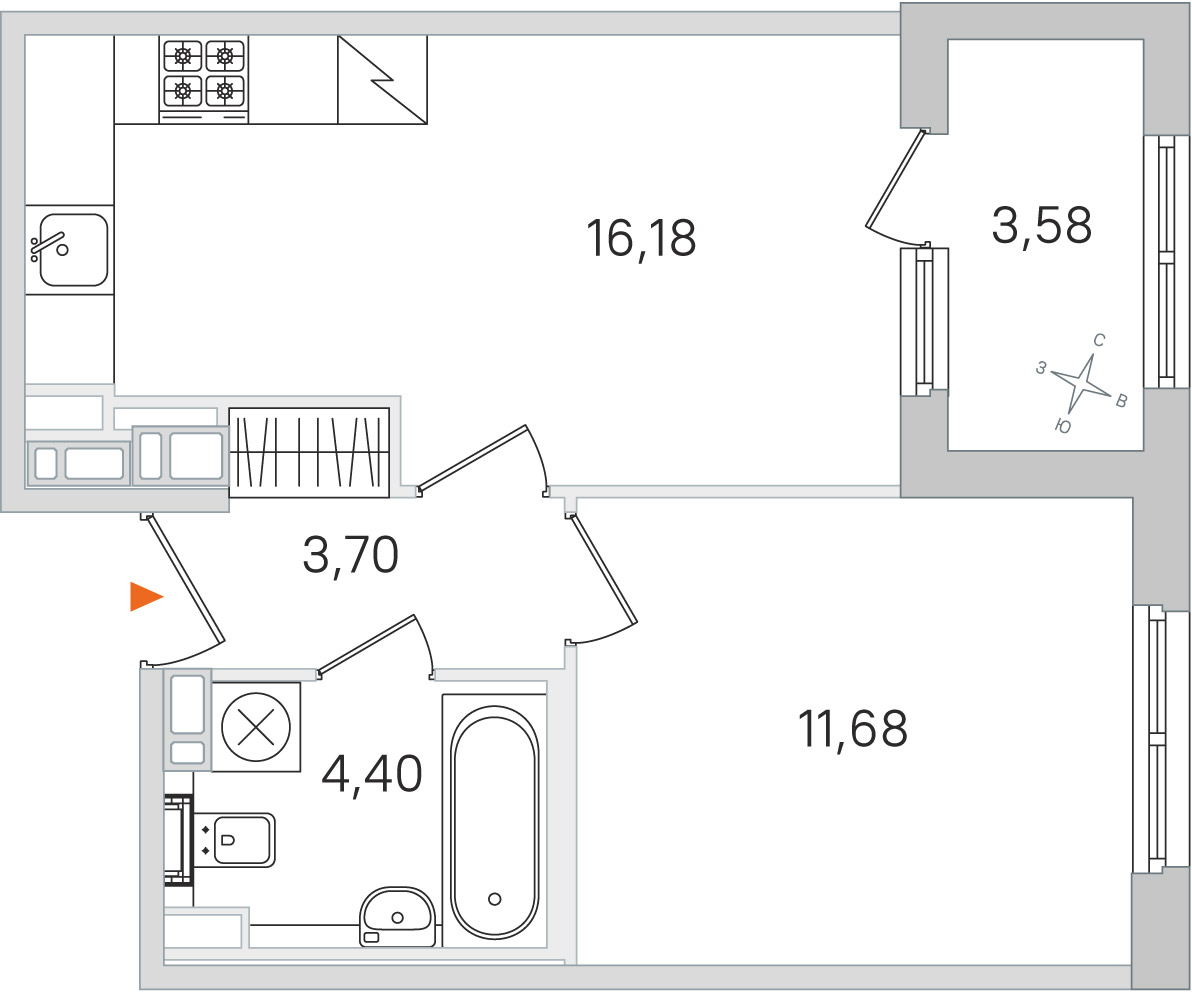 Планировка: 1-комнатная квартира, 36,0 м²