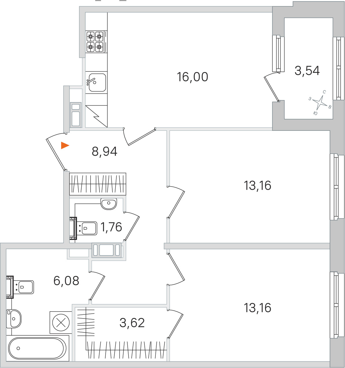 Планировка: 2-комнатная квартира, 62,7 м²