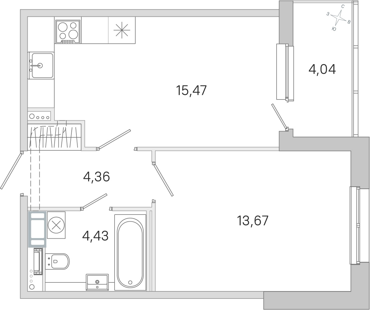 Планировка: 1-комнатная квартира, 37,9 м²