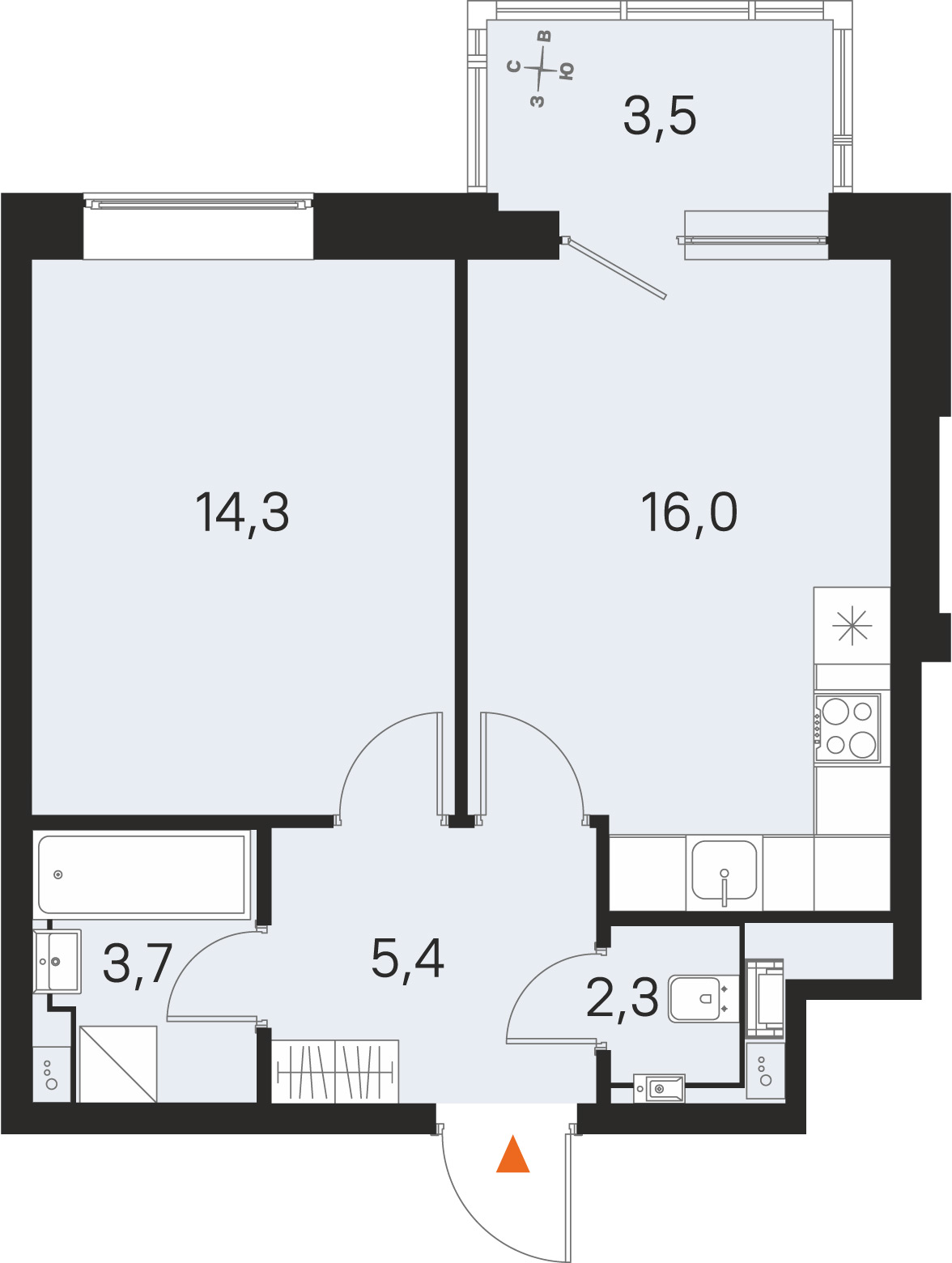 Планировка: 1-комнатная квартира, 41,7 м²