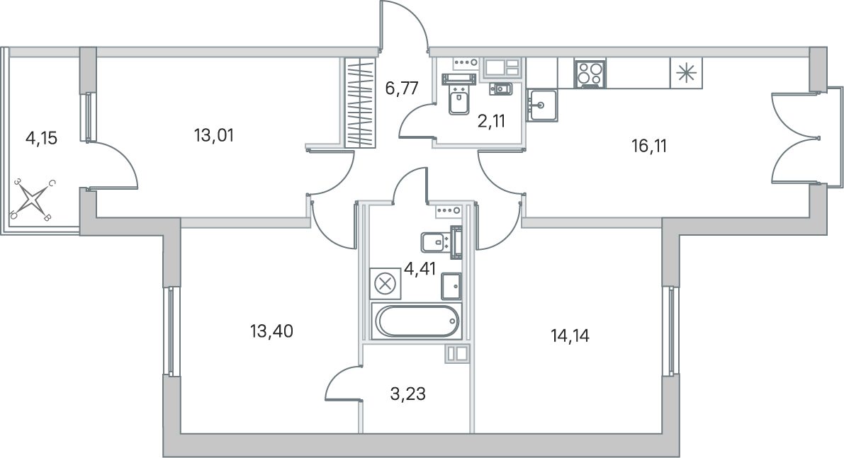 Планировка: 3-комнатная квартира, 73,2 м²