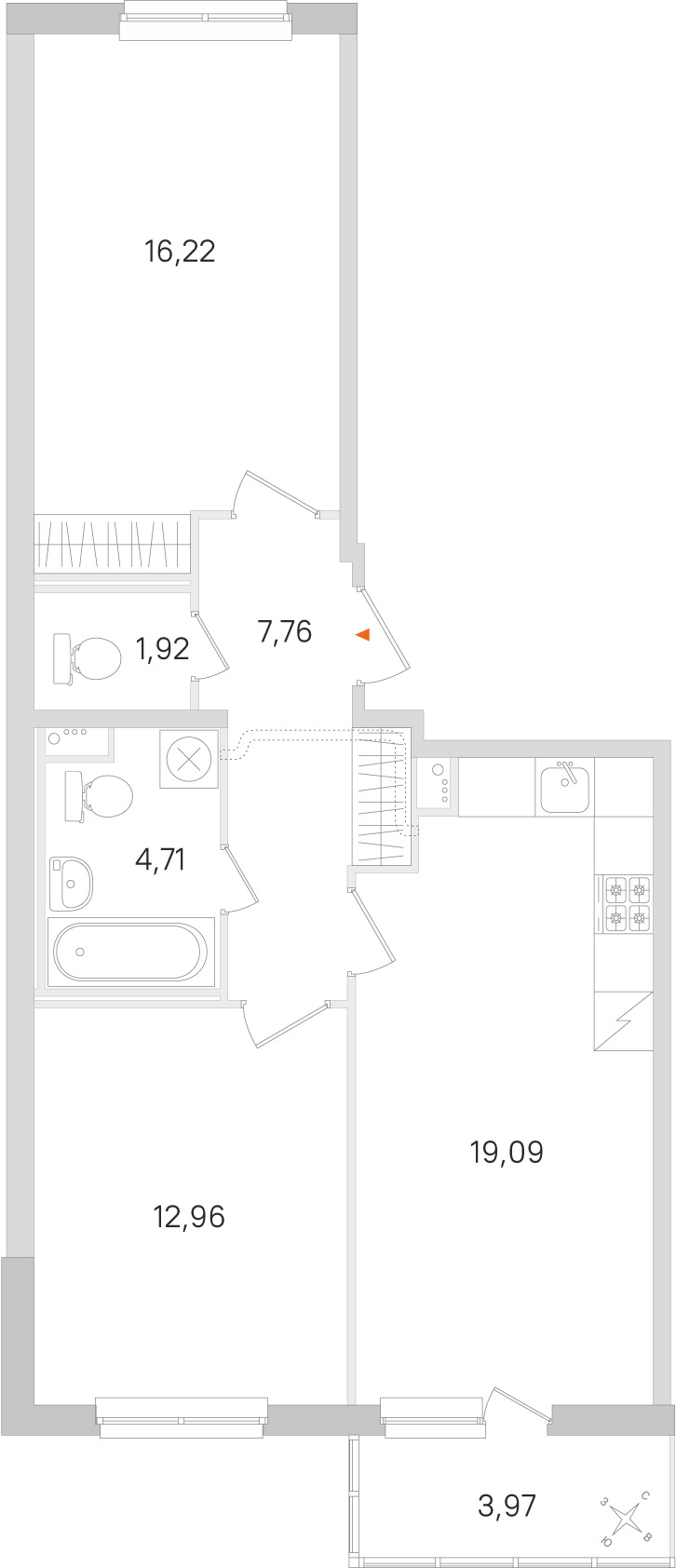 Планировка: 2-комнатная квартира, 62,7 м²