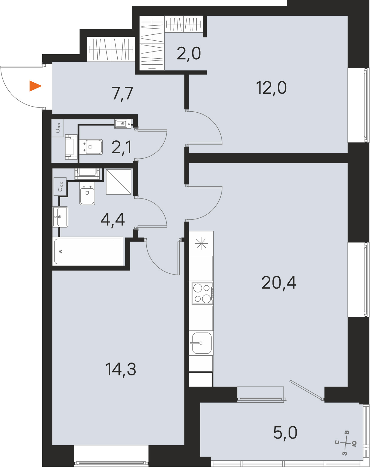 Планировка: 2-комнатная квартира, 62,9 м²